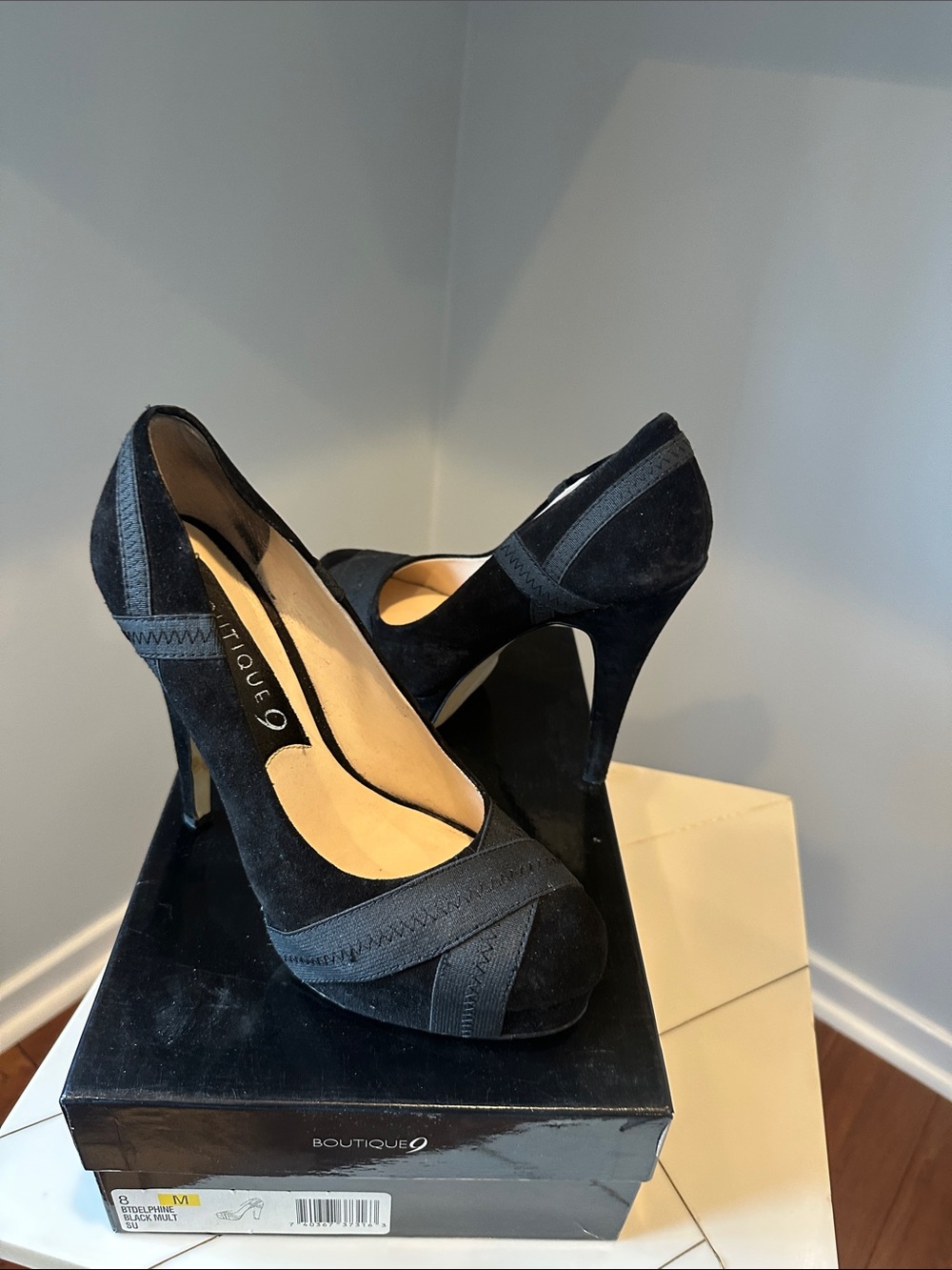 Boutique 9 Black Suede Crisscross Platform Stilettos